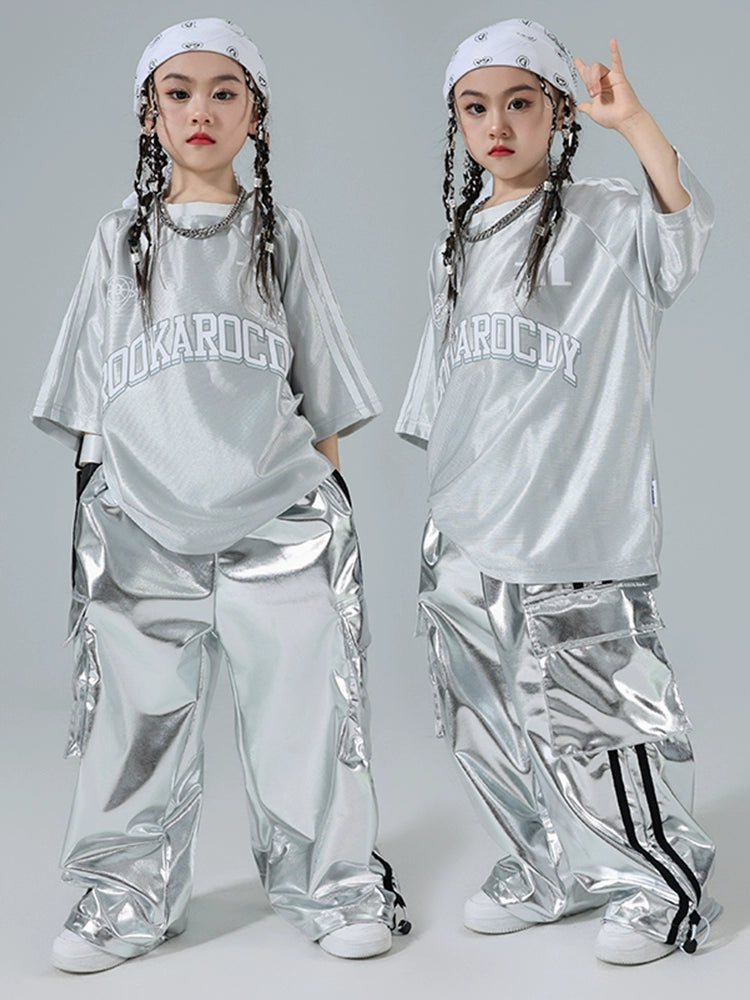 Hiphop street jazz dance Costumes for girls silver short sleeve pants modern gogo dancers rapper singers performance outfits for kids - Moderndancedress.com