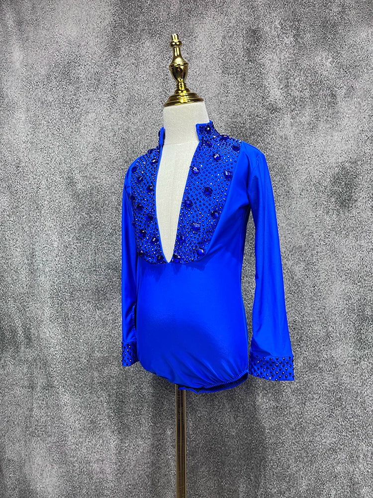 Custom Size Royal Blue Competition Latin Ballroom Dance Shrits for Boys Kids Children Salsa Waltz Latin Performance Gemstones Top - Moderndancedress.com