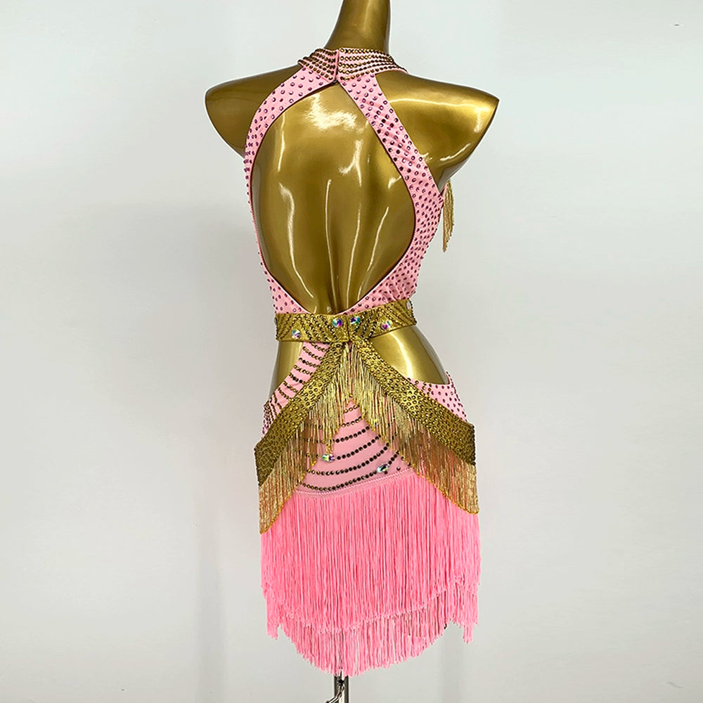 Custom Size Pink Competition Latin Dance Dresses for Women Girls Gold Fringe Salsa Rumba Chacha Latin Dance Costume - Moderndancedress.com