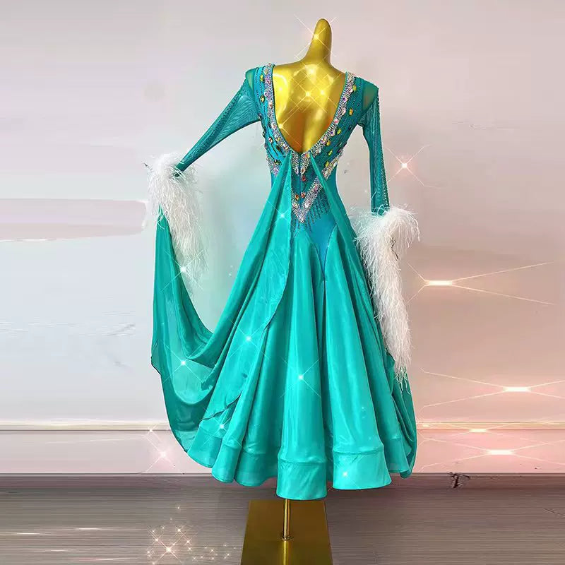 Customized Turquoise Competition Ballroom Dress Waltz Tango Smooth Gown