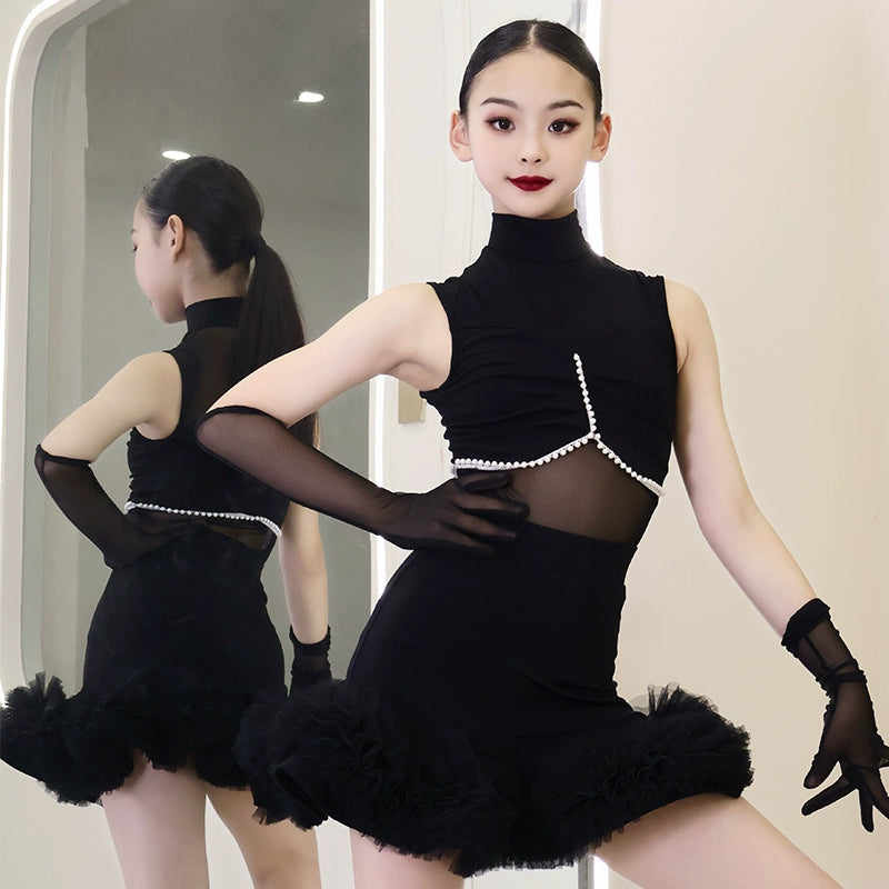 Girls Latin Dance Dresses Kids Pink Black Ruffles Salsa Rumba Ballroom Performance Costumes - Moderndancedress.com