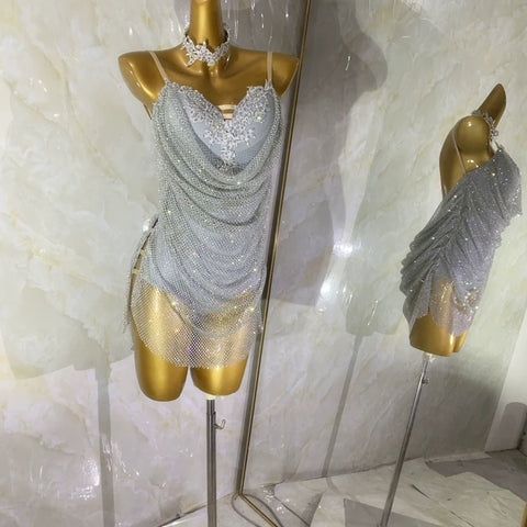 Customized size silver bling Latin dance dresses for women kids art test flower salsa rumba chacha competition costume - Moderndancedress.com