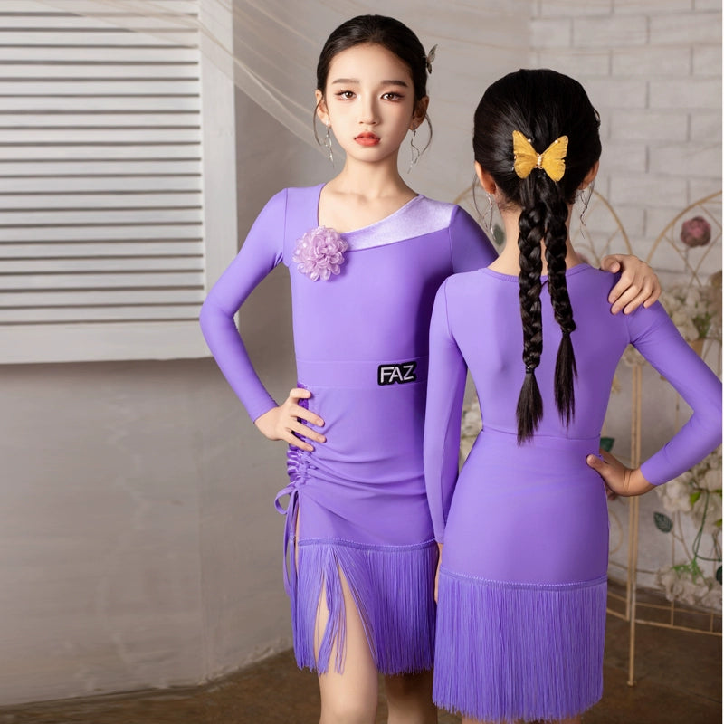 Girls Latin Dance Dresses for Kids Purple Salsa Rumba  Chacha Party Ball Performance Costumes
