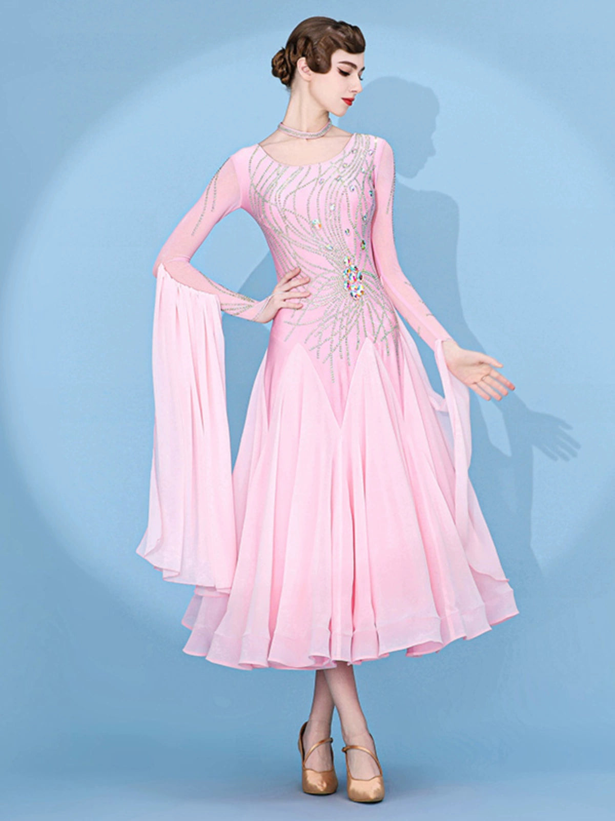 Custom size pink gemstones competition ballroom dance dresses for women girls kids Modern waltz tango foxtrot smooth rhythm performance gown - Moderndancedress.com