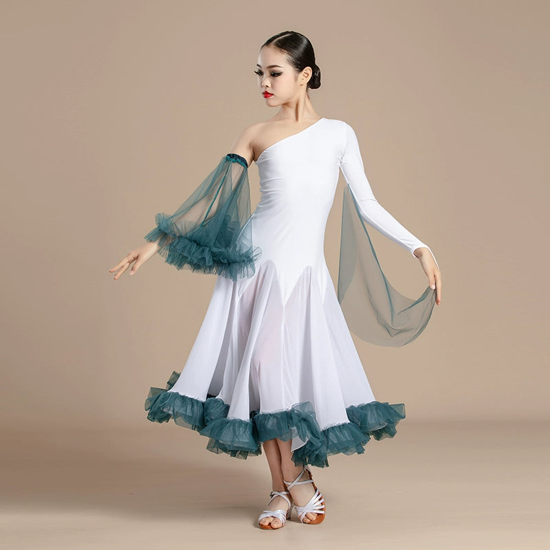 White with Blue Slant Neck Ballroom Dance Dresses for Girls Kids Competition Ballroom Tango Waltz with Float Art Test Training Uniforms - Moderndancedress.com
