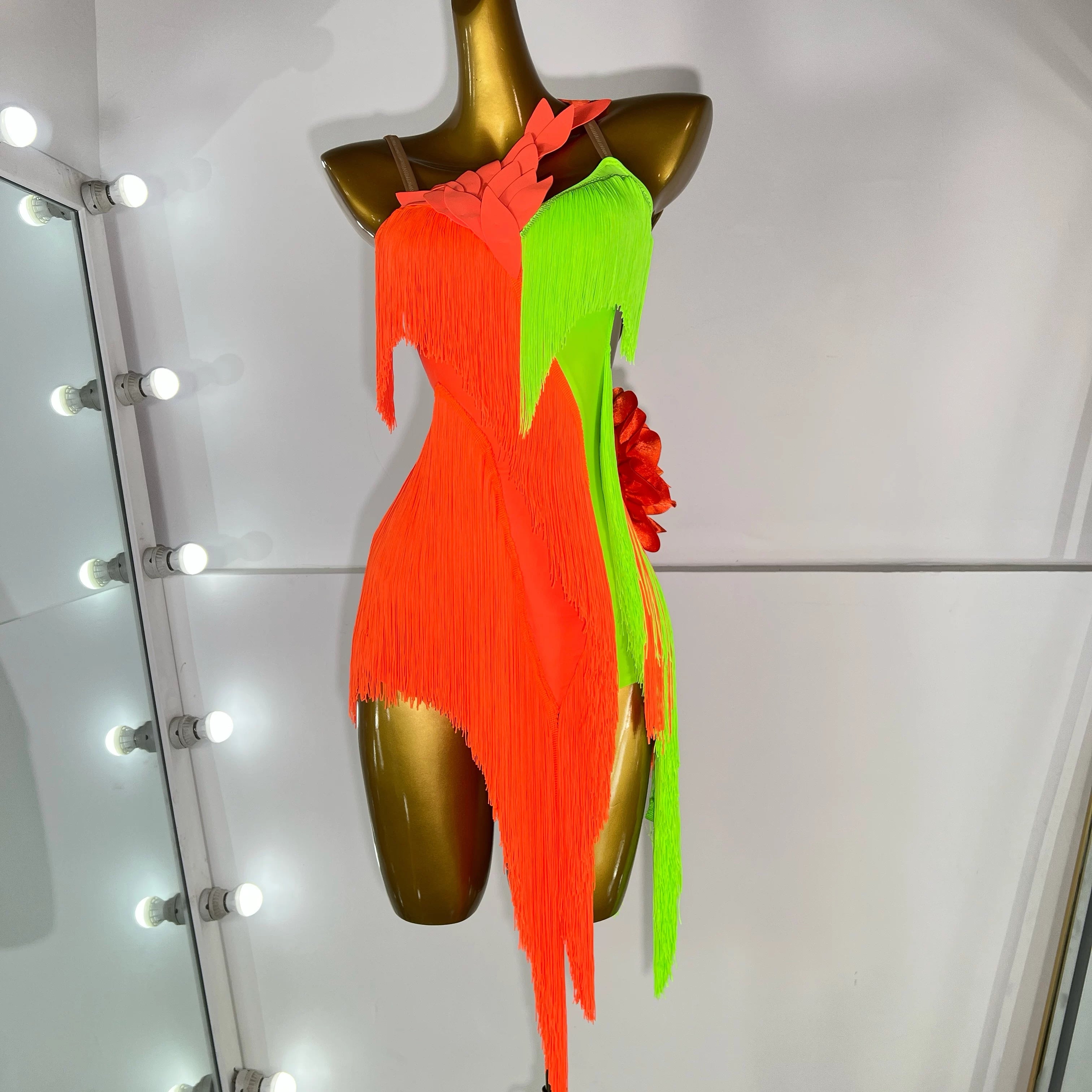 Custom Size Orange Fringe Latin Dress for Women Green One Shoulder Salsa Costumes