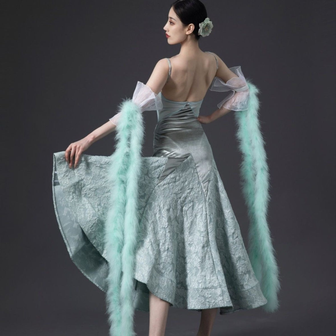 Pink Feather Ballroom Dance Dresses for Women Girls Green National Standard Waltz Tango Foxtrot Smooth Dance Long Swing Skirts - Moderndancedress.com