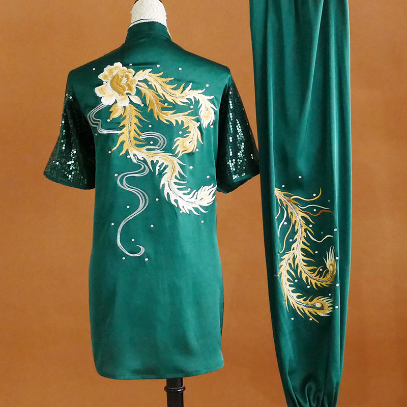 Dark Green Martial Arts Clothes for Unisex Wushu Tai Chi Uniforms Short-sleeved Embroidered Dragon Phoenix Long Fist Exam Clothing - Moderndancedress.com