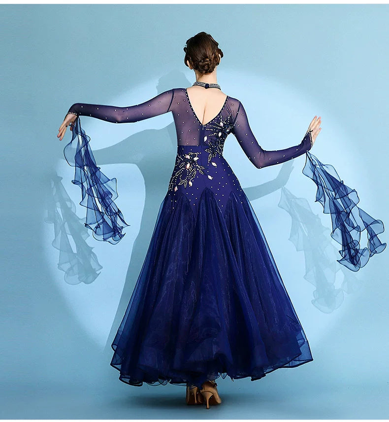 Navy Ballroom Competition Dress with Rhinestones & Floats Waltz Rhythm Dance Gown