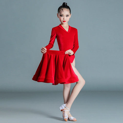Girls Blue Yellow Velvet Latin Dance Dresses Kids Children Pink Salsa Chacha Rumba Practice Clothes Modern Dance Outfits - Moderndancedress.com