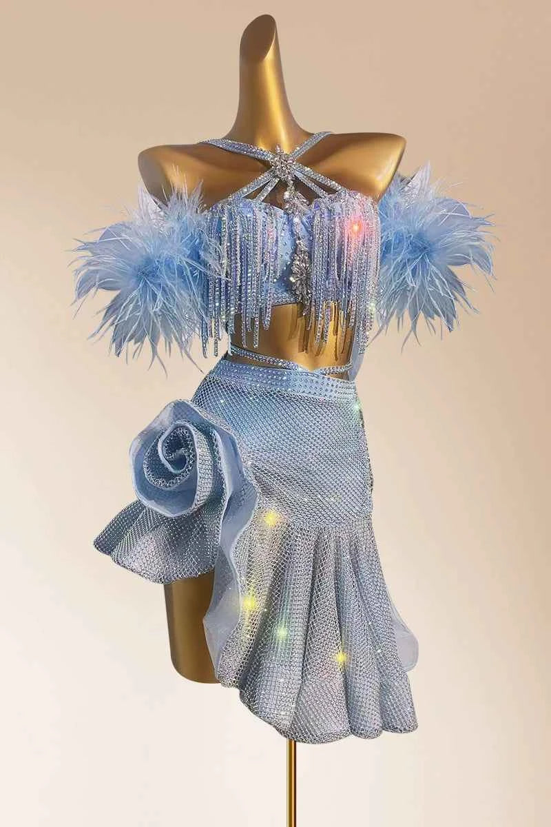 Custom Size Competition Latin Dance Dresses for Women Girls Blue Pink Feather Salsa Rumba Blackpool Dance Costumes