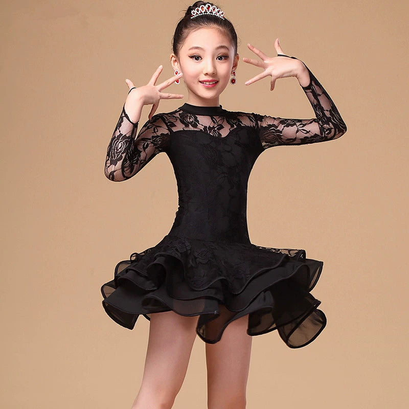 Children's Latin Dance Costume performance clothing long sleeve training clothing competition test grade clothing girl's Latin dance skirt