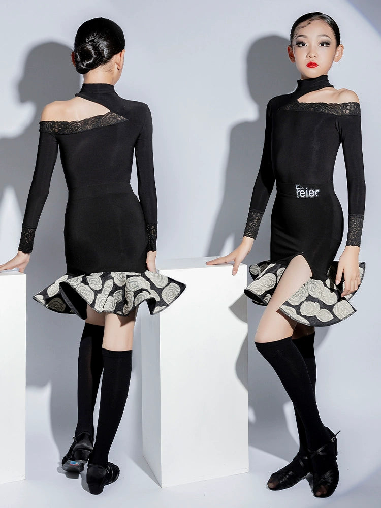 Girls Black with Rose Flowers Latin Dance Dresses for Kids Slant Neck Long Sleeves Salsa Rumba Chacha Professional Dance Costumes for Children - Moderndancedress.com