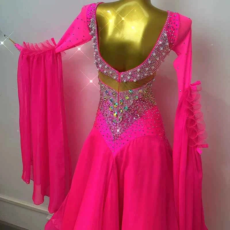 Custom Size Fuchsia Rhinestones Competition Ballroom Dance Dress Waltz Tango Dancing Gown