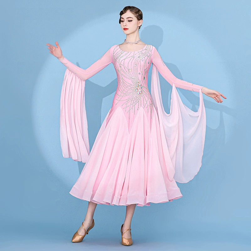 Custom size pink gemstones competition ballroom dance dresses for women girls kids Modern waltz tango foxtrot smooth rhythm performance gown - Moderndancedress.com