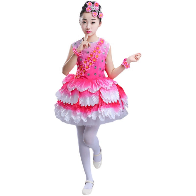 Children's Petal Pink Green Flowers Bloom Jazz Dance Dress Choir Opening Dance Performance Clothes Jasmine Peach Blossoms Fairy Cosplay Wear - Moderndancedress.com