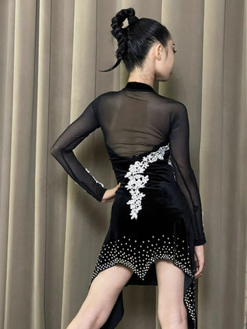 Customize Size black velvet Latin dance dresses for women girls competition salsa rumba chacha solo dance side slit bling dresses - Moderndancedress.com