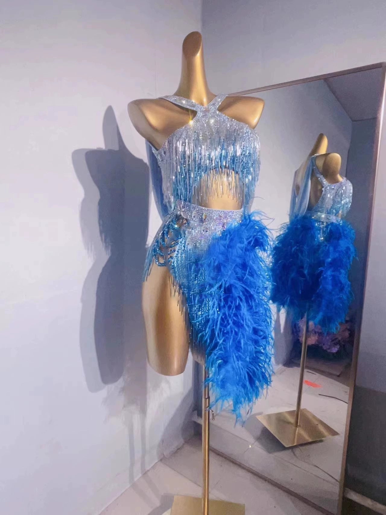 Custom Size Blue Feather Competition Latin Dance Dresses for Women Girls Blackpool Dance Wear - Moderndancedress.com