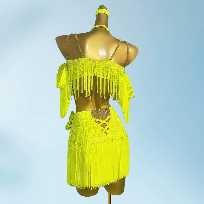 Custom Size Neon Yellow Bling Fringe Competition Latin Dance Dresses for Women Girls Kids Salsa Rumba Chacha Jive Dancing Costumes for Female
