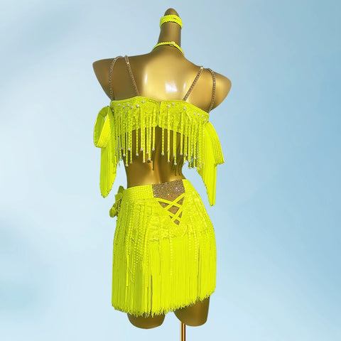 Custom Size Neon Yellow Bling Fringe Competition Latin Dance Dresses for Women Girls Kids Salsa Rumba Chacha Jive Dancing Costumes for Female