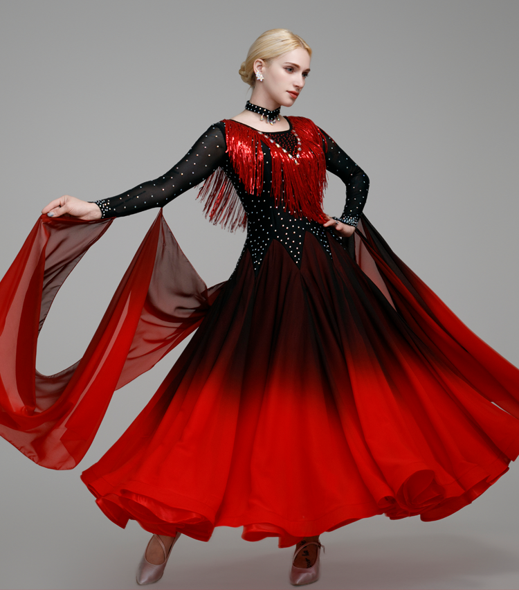 Gradient Red White Competition Ballroom Dance Dresses for Women Girls Waltz Tango Squin Fringe Modern Dance Skirt Party Dancing Gown - Moderndancedress.com