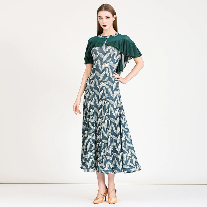 Pink Green Printed Modern Ballroom Dance Dress for Women Girls Waltz Tango Foxtrot Smooth Dance Long Gown - Moderndancedress.com