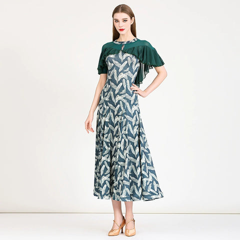Pink Green Printed Modern Ballroom Dance Dress for Women Girls Waltz Tango Foxtrot Smooth Dance Long Gown - Moderndancedress.com