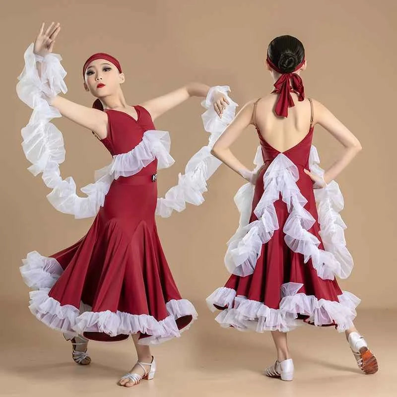 Wine Ballroom Dance Dresses for Girls Kids Waltz Tango Training Performance Costumes with Float Sleeves