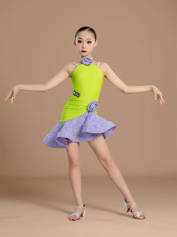 Latin dance dresses for girls kids green purple ballroom salsa performance outfits for children's suspender dance training clothes - Moderndancedress.com