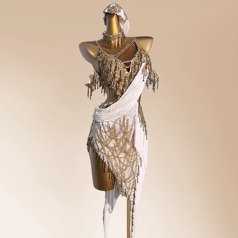 Custom Size Gold Latin Dance Dress Suspender Velvet Adult Cha Cha Professional Dance Dresses