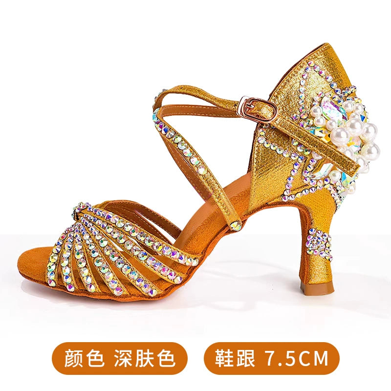 Competition Bronze Silver Sparkling Latin Dance Shoes for Women Girls Kids Competition Salsa Rumba Cha Cha Jive Performance Sandals Soft Soles Indoor Style - Moderndancedress.com