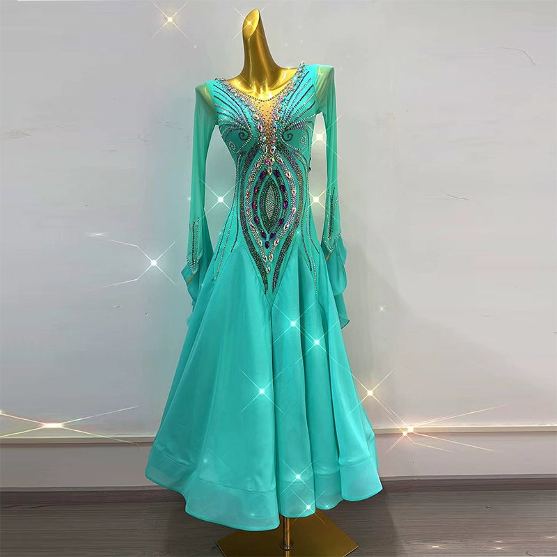 Custom Size Green Ballroom Dance Dresses for Women Girls Waltz Tango Smooth Foxtrot Rhythm National Standard Dance Gown