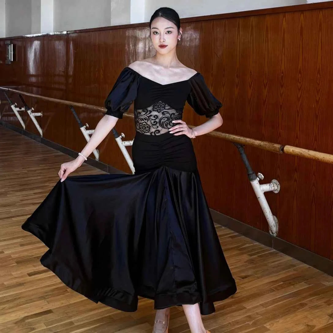 Black Wine Lace Ballroom Dance Dresses for Women Girls Waltz Tango Foxtrot Rhythm Performance Gown