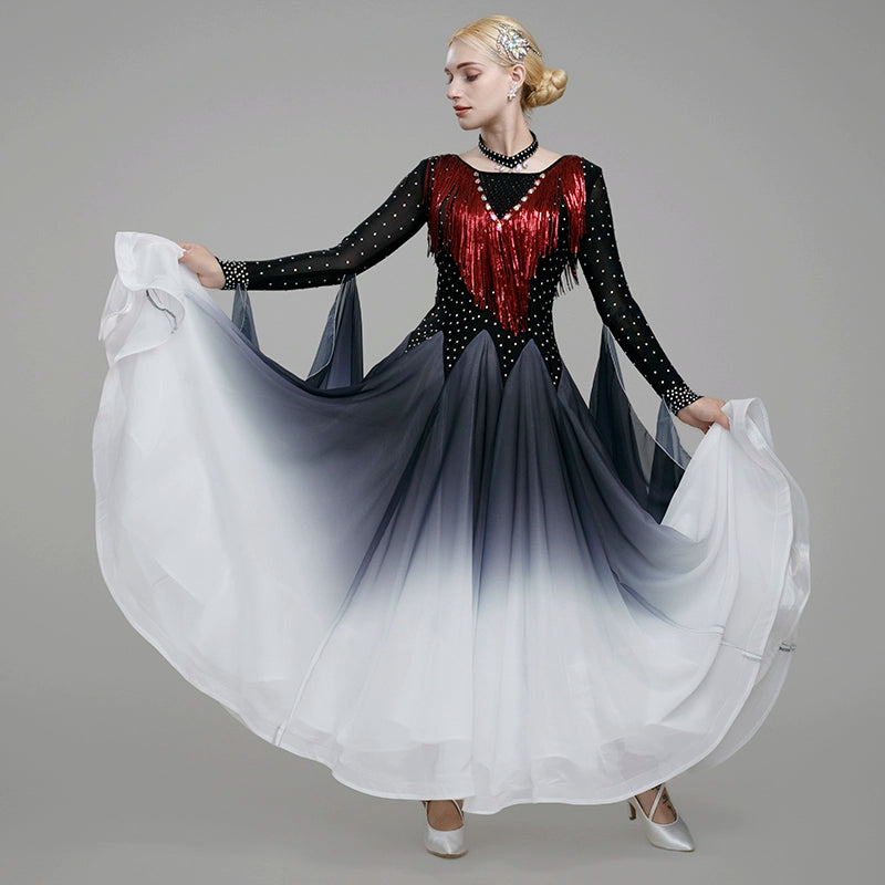 Gradient Red White Competition Ballroom Dance Dresses for Women Girls Waltz Tango Squin Fringe Modern Dance Skirt Party Dancing Gown - Moderndancedress.com