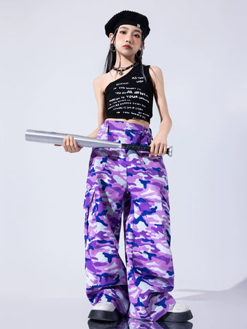Girls Purple Camo One Shoulder Jazz Dance Costume Street Hip Hop Performance Outfits for Kids Children Gogo Dancers Stage Dance Outfits - Moderndancedress.com