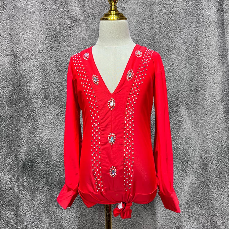 Red Rhinestones Latin Dance Shirts for Boys Kids Salsa Ballroom Waltz Latin Stage Performance Body Tops Long Sleeves - Moderndancedress.com