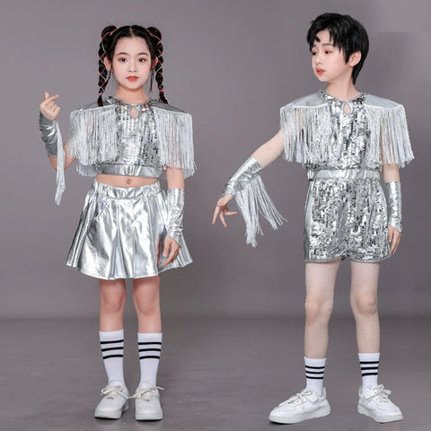 Children's Silver fringe Sequins jazz dance Costumes Hip Hop Catwalk Models Dance outfits for  Boys Girls - Moderndancedress.com