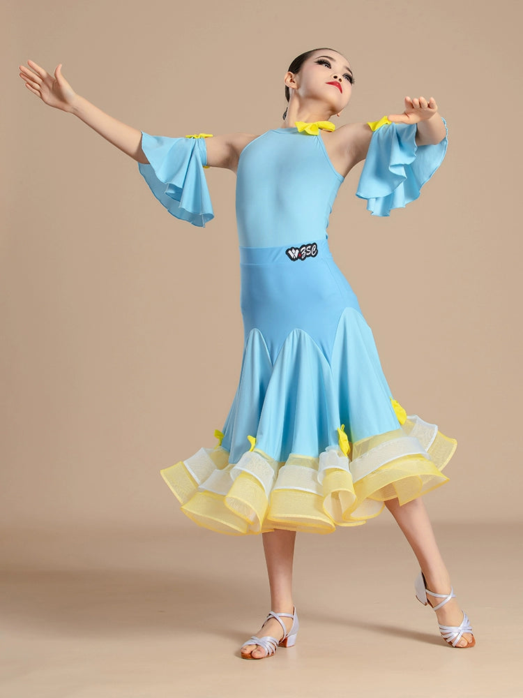 Blue with Yellow Modern National Ballroom Dance Dresses for Girls Kids Children's Waltz Professional Competition Practice Outfits for Children - Moderndancedress.com