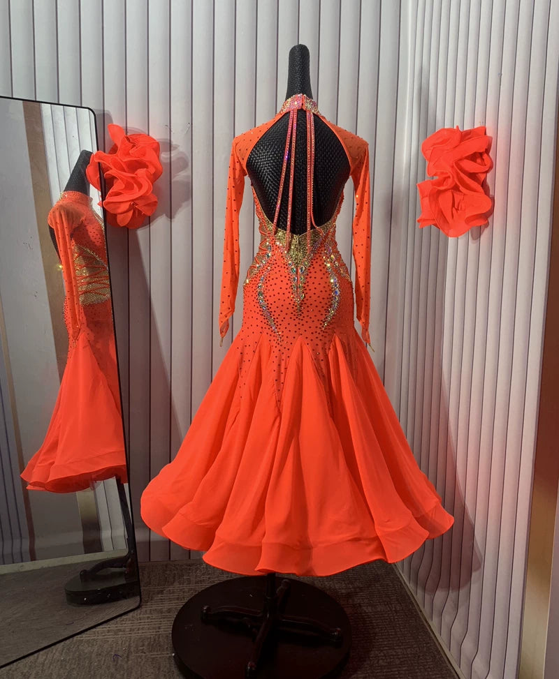 Custom Orange Gold Crystal Ballroom Dance Dress Competition Gown