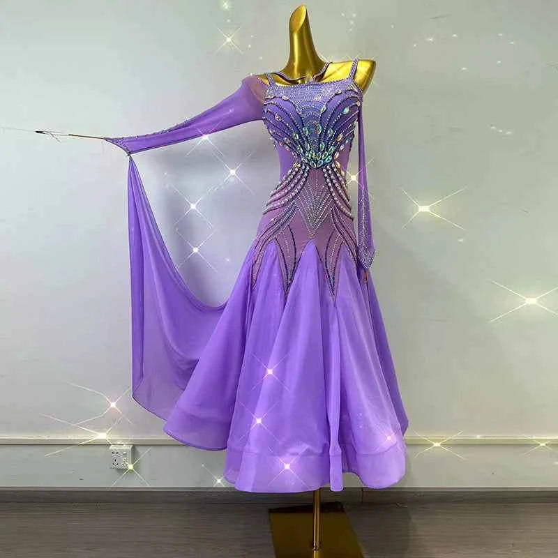 Custom Size Lavender Purple Competition Ballroom Dance Dresses for Women Girls Diamond Waltz Tango Dance Long Swing Skirts