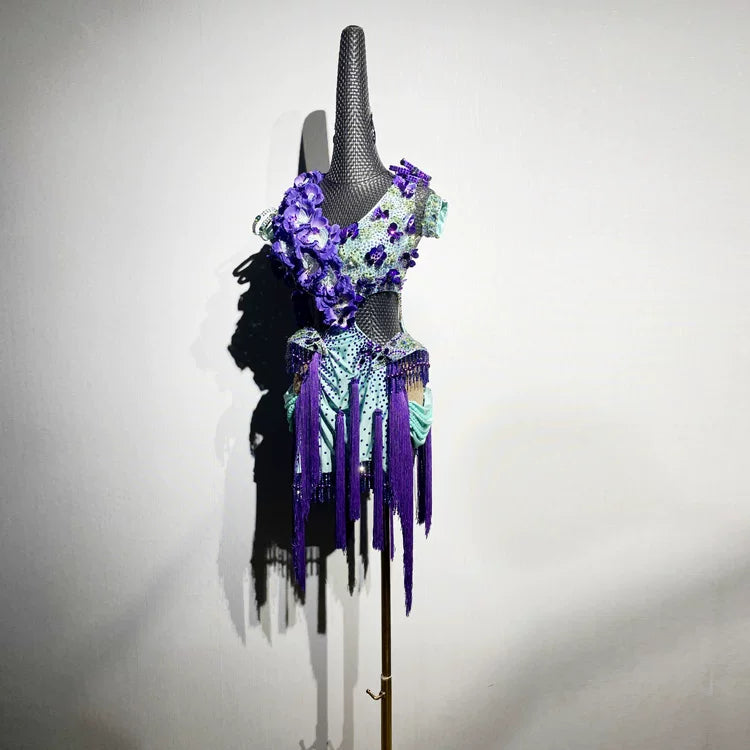 Custom 3D Floral Latin Dance Dress | Purple &Mint Professional Ballroom Competition Outfit