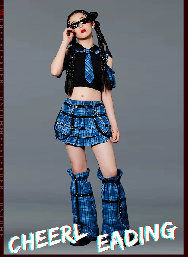 Girls Jazz Street Dance Costume Blue Green Plaid Hiphop Rapper Singers Stage Performance Outfits Model Show Photos Shooting Party Trendy Clothes for Kids - Moderndancedress.com