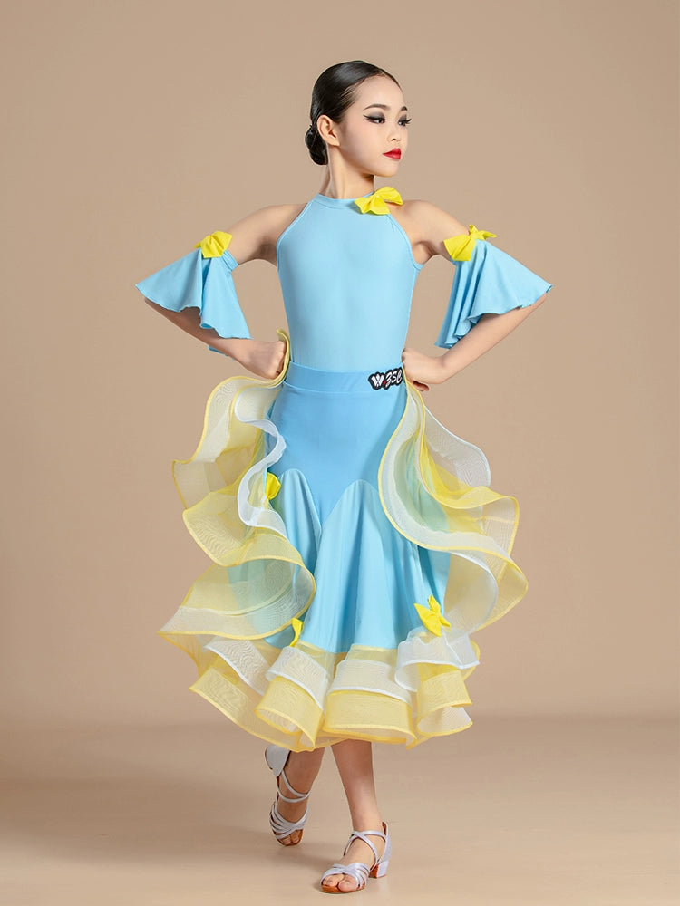 Blue with Yellow Modern National Ballroom Dance Dresses for Girls Kids Children's Waltz Professional Competition Practice Outfits for Children - Moderndancedress.com