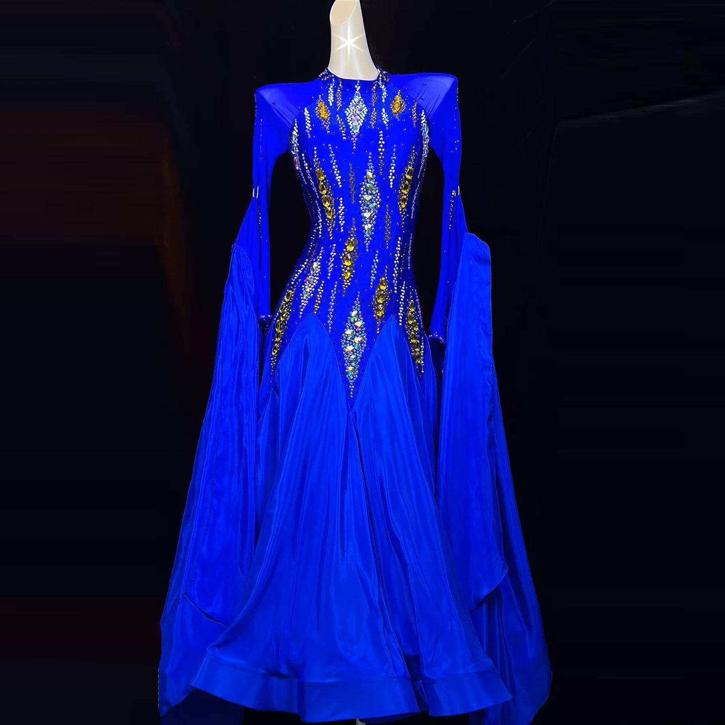 Custom Size Royal Blue Ballroom Competition Dress Gold Rhinestone Waltz Smooth Gown