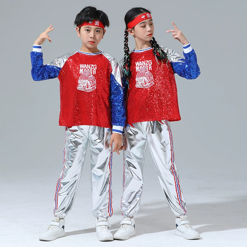 Children's Cheerleading Costumes Silver Blue Sequins Jazz Hip Hop Street Outfit for Girls Boys Opening Ceremony Jazz Dance Outfits for Kids - Moderndancedress.com