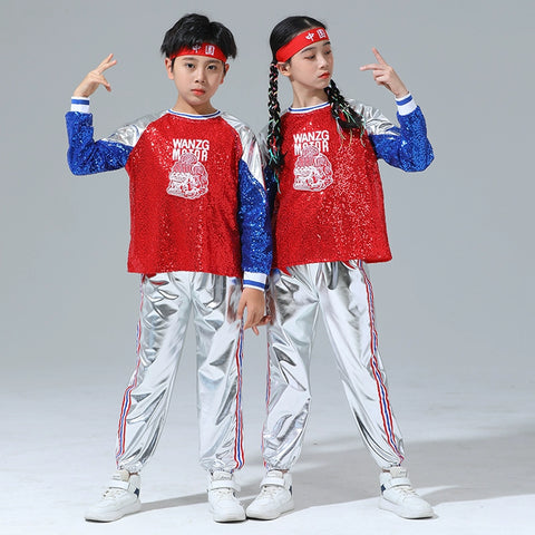 Children's Cheerleading Costumes Silver Blue Sequins Jazz Hip Hop Street Outfit for Girls Boys Opening Ceremony Jazz Dance Outfits for Kids - Moderndancedress.com