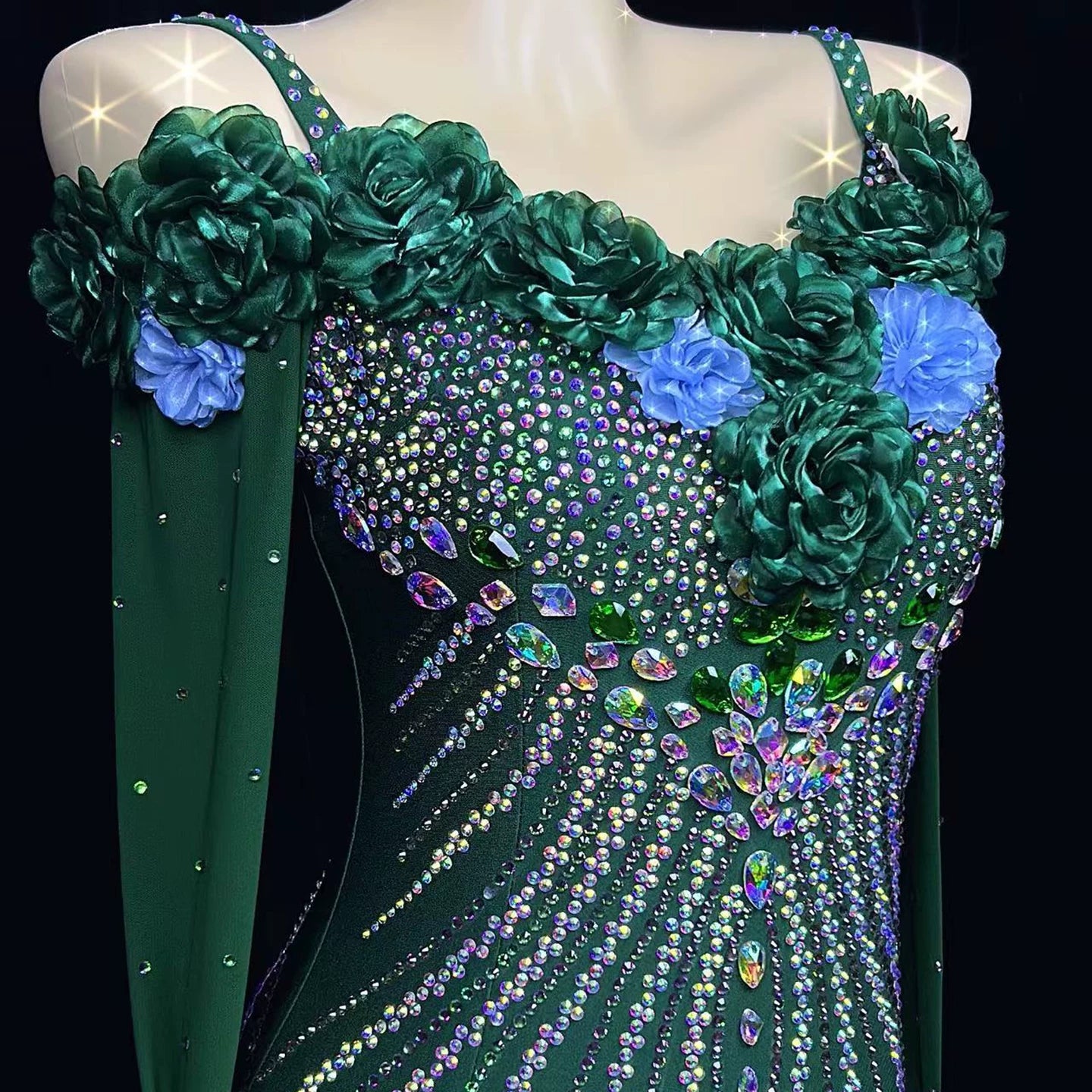 Custom Emerald Green Ballroom Dance Dress with 3D Flowers  Rhinestone Waltz Tango Gown