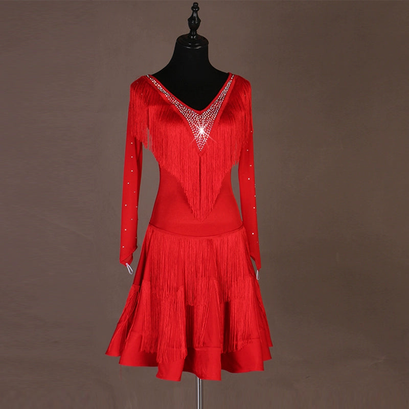 Sexy V-collar! Adult professional Latin fringe dress triple step on jitterba group Costume - Moderndancedress.com