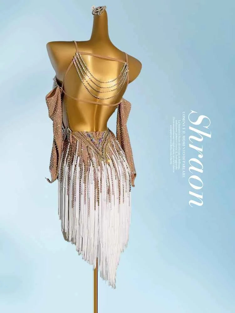 Custom size flesh with white competition latin dance dresses petals salsa rumba chacha blackpool dance clothes