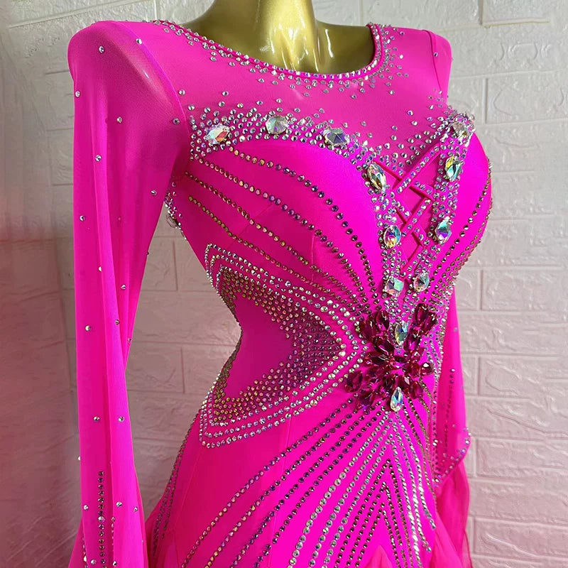 Custom Size Fuchsia Ballroom Dance Dress with Crystals | Competition Waltz Tango Gown